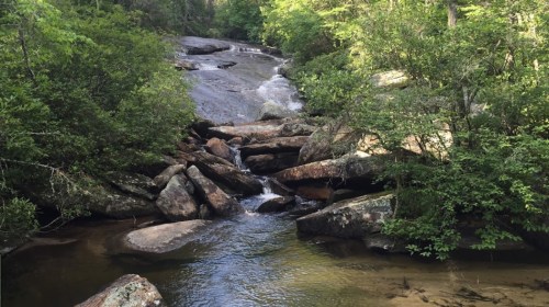 A serene rocky stream flows through lush greenery, with gentle water cascading over smooth stones.