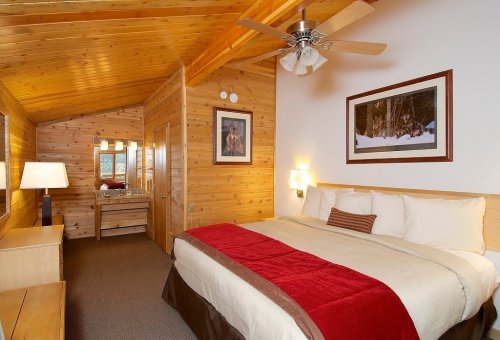 Cozy wooden cabin bedroom with a king-sized bed, ceiling fan, and warm lighting. Decorated with nature-themed artwork.