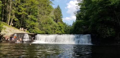 A serene waterfall surrounded by lush greenery, with people enjoying the water and sun on a warm day.