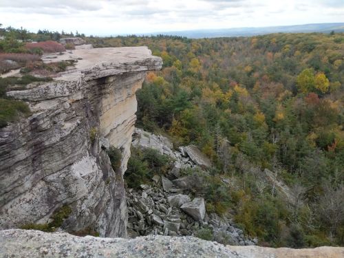 A rocky cliff overlooks a forested valley with autumn foliage under a cloudy sky.
