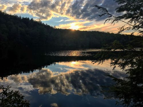 Sunset over a calm lake, with vibrant clouds reflecting on the water and surrounded by lush greenery.