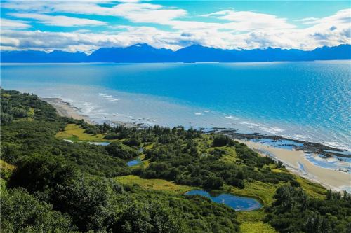 A scenic view of a coastline with lush greenery, ponds, and mountains under a bright blue sky.