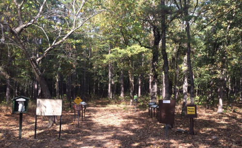 A wooded area with several informational signs among trees and fallen leaves, indicating a nature trail or park.