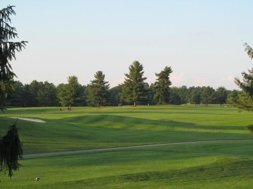 A serene golf course landscape with lush green grass, rolling hills, and tall trees under a clear sky.