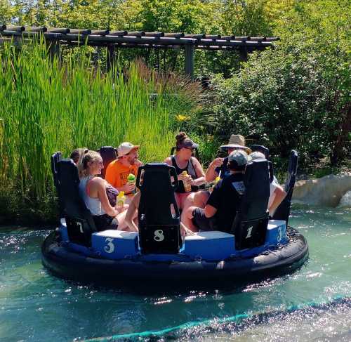 A group of people enjoying a ride on a circular boat in a lush, green setting with water around them.