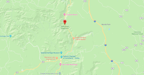 Map showing Slide Rock State Park and nearby locations in Arizona, including restaurants and attractions.