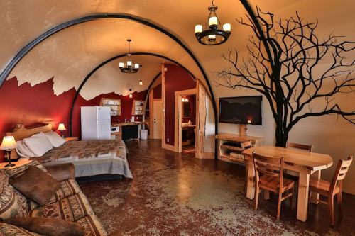 Cozy interior of a unique, curved room featuring a bed, kitchenette, dining area, and artistic tree mural.