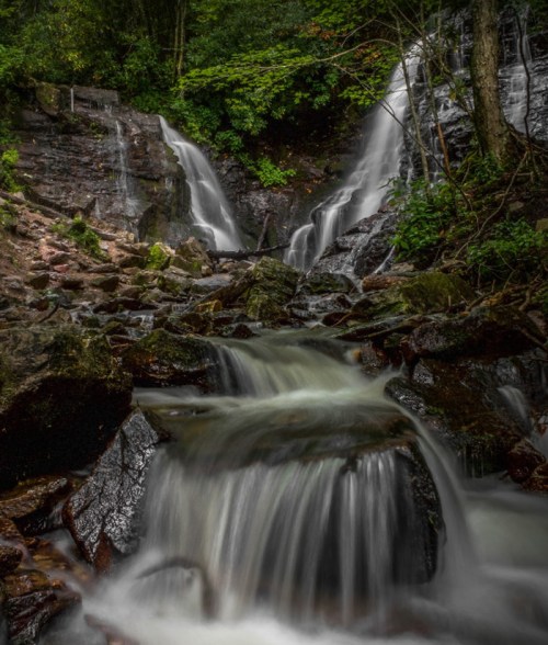 A serene waterfall cascading over rocks, surrounded by lush greenery and trees in a tranquil forest setting.