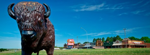 A large buffalo statue in the foreground with a roadside shop and blue sky in the background.