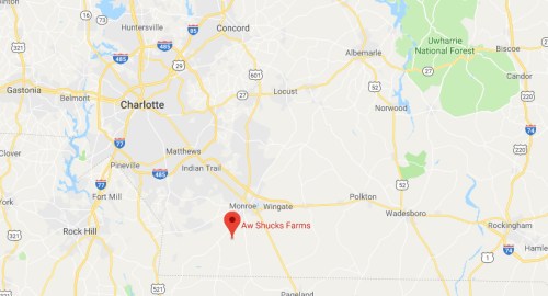 Map showing the location of Aw Shucks Farms near Charlotte, North Carolina, with nearby towns and highways marked.