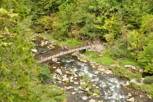 A wooden bridge spans a flowing river surrounded by lush green trees and rocky banks. Two people walk on the bridge.