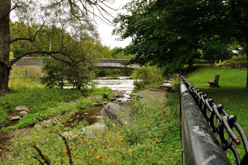 A serene park scene featuring a river, a bridge in the background, and lush greenery along a walking path.