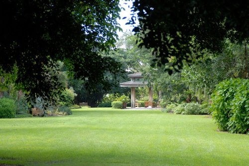 A lush green garden with a gazebo in the distance, surrounded by trees and vibrant foliage.