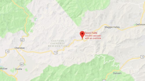 Map showing Soco Falls, a double cascade with an overlook, located in the Eastern Cherokee Reservation.