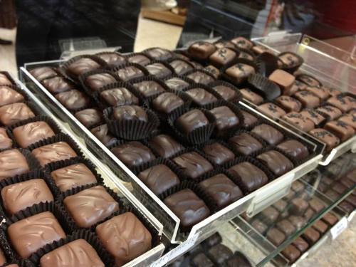 A display of assorted chocolate confections in black paper cups, arranged neatly in trays.