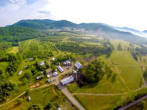 Aerial view of a lush green farm surrounded by mountains, featuring fields, buildings, and trees under a clear sky.