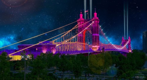 A vibrant, illuminated bridge at night, surrounded by a starry sky and colorful lights.