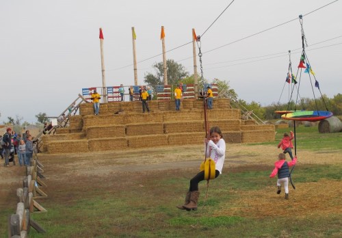 Children play on swings in a farm setting with hay bales and colorful flags in the background.