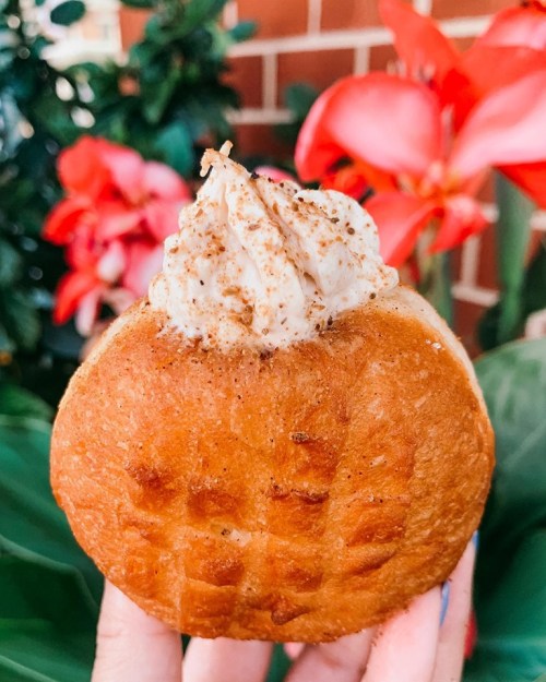 A hand holding a round pastry topped with whipped cream and a sprinkle of cinnamon, with vibrant flowers in the background.