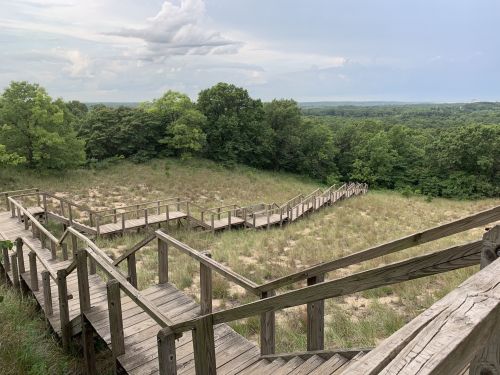 A winding wooden staircase leads through a grassy area with trees and a cloudy sky in the background.