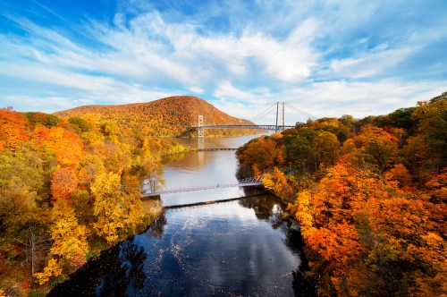 A scenic view of a river surrounded by vibrant autumn foliage and a bridge in the background under a blue sky.
