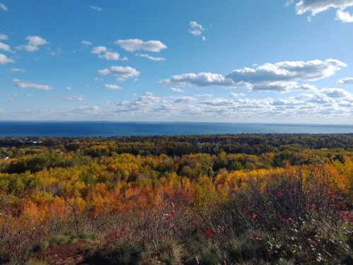 A scenic view of a vibrant autumn landscape with colorful trees and a blue sky over a calm lake.