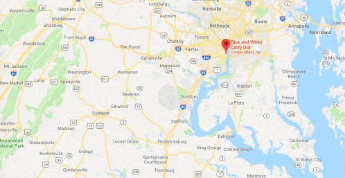 Map showing the location of "Blue and White Carry Out" near Washington, D.C., with nearby highways and landmarks.
