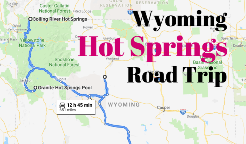 Map of a road trip route in Wyoming, highlighting hot springs locations with travel time and distance noted.