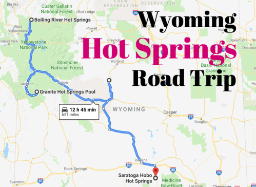 Map of a Wyoming hot springs road trip route, highlighting key locations and travel time.