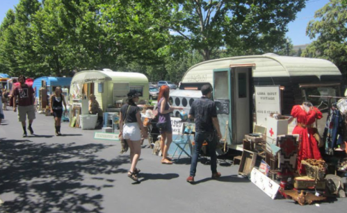 A bustling outdoor market with vintage trailers, people browsing items, and colorful displays under leafy trees.