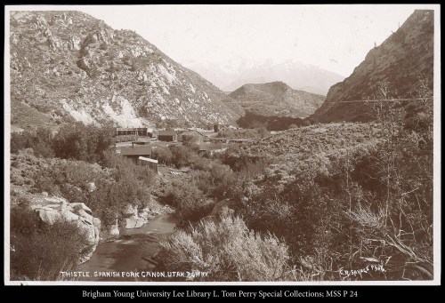 Black and white photo of Thistle, Spanish Fork Canyon, Utah, showcasing mountains and a valley landscape.
