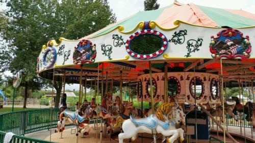A colorful carousel with ornate decorations and painted horses in a park setting.