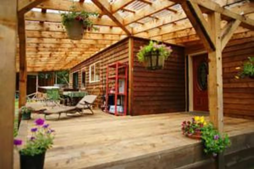 A wooden deck with a pergola, featuring potted plants, lounge chairs, and a cozy entrance to a rustic home.