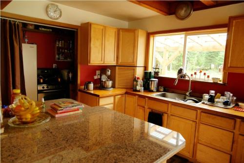 A bright kitchen with wooden cabinets, a granite countertop, and a window overlooking a garden. Kitchen appliances are visible.