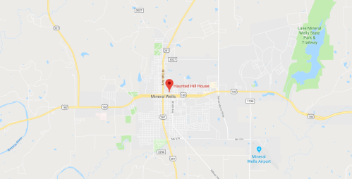 Map showing the location of Haunted Hill House in Mineral Wells, Texas, with nearby roads and landmarks.