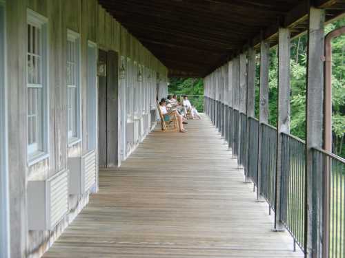 A wooden porch with several people sitting in rocking chairs, surrounded by greenery and natural light.