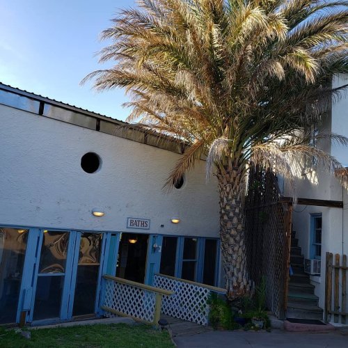 A palm tree next to a building with blue doors and a sign that reads "BATHS," featuring a staircase and grassy area.