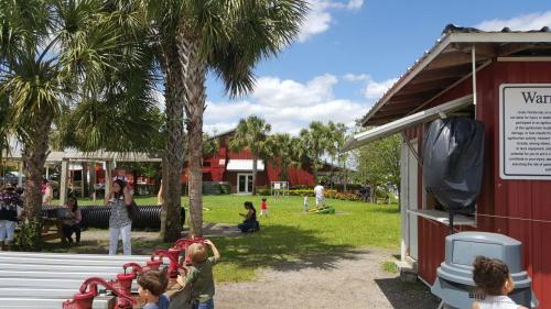 A sunny outdoor scene with children playing near palm trees and a red building, with people enjoying the park.