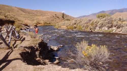 A person stands by a flowing river surrounded by hills and shrubs on a sunny day.