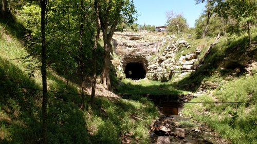 A rocky cave entrance surrounded by lush greenery and trees, with a clear blue sky above.