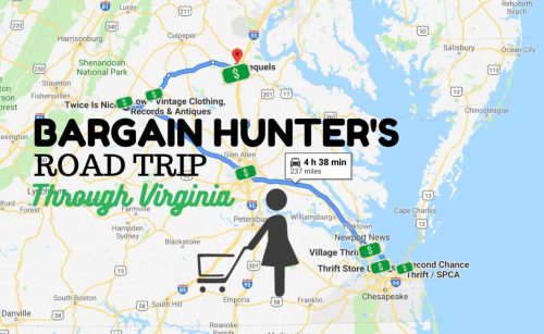 Map highlighting a road trip route through Virginia for bargain hunting, featuring thrift stores and antique shops.