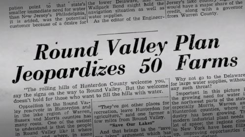 Newspaper headline about the Round Valley Plan jeopardizing 50 farms in Hunterdon County, with community concerns highlighted.