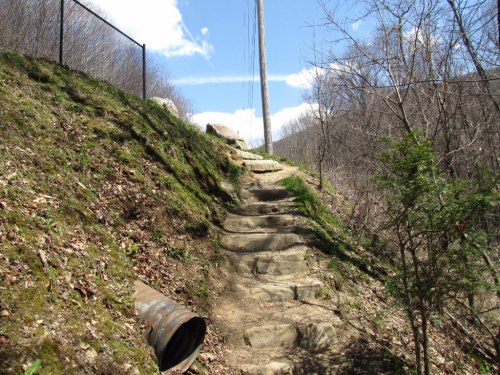 A rocky path leads uphill beside a fence, with trees and a blue sky in the background.