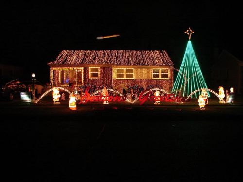 A house decorated with colorful Christmas lights, featuring a large tree and festive figures in the yard.