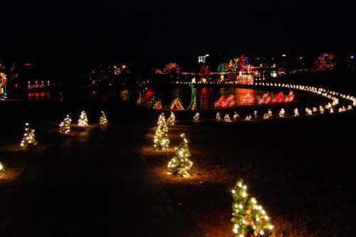 A nighttime scene of a park decorated with colorful Christmas lights and illuminated trees along a winding path.