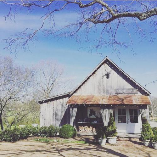 A rustic wooden building with a metal roof, surrounded by greenery and trees, under a clear blue sky.