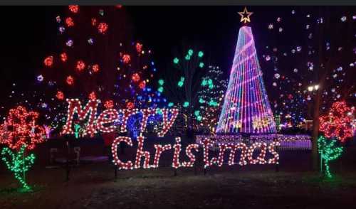 Colorful Christmas lights illuminate a tree and a "Merry Christmas" sign in a festive nighttime display.