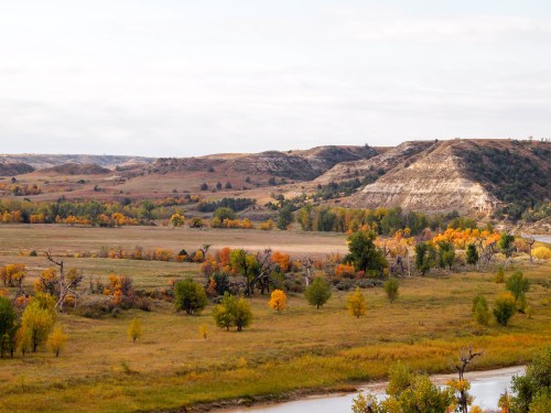 A scenic landscape featuring rolling hills, autumn foliage, and a winding river under a cloudy sky.