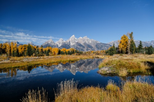A serene landscape featuring mountains reflected in a calm lake, surrounded by autumn foliage and clear blue skies.
