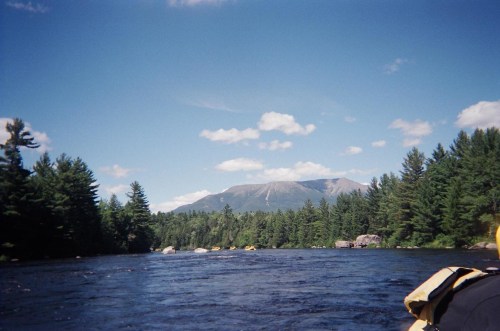 A serene river flows through a lush forest, with mountains and a clear blue sky in the background.